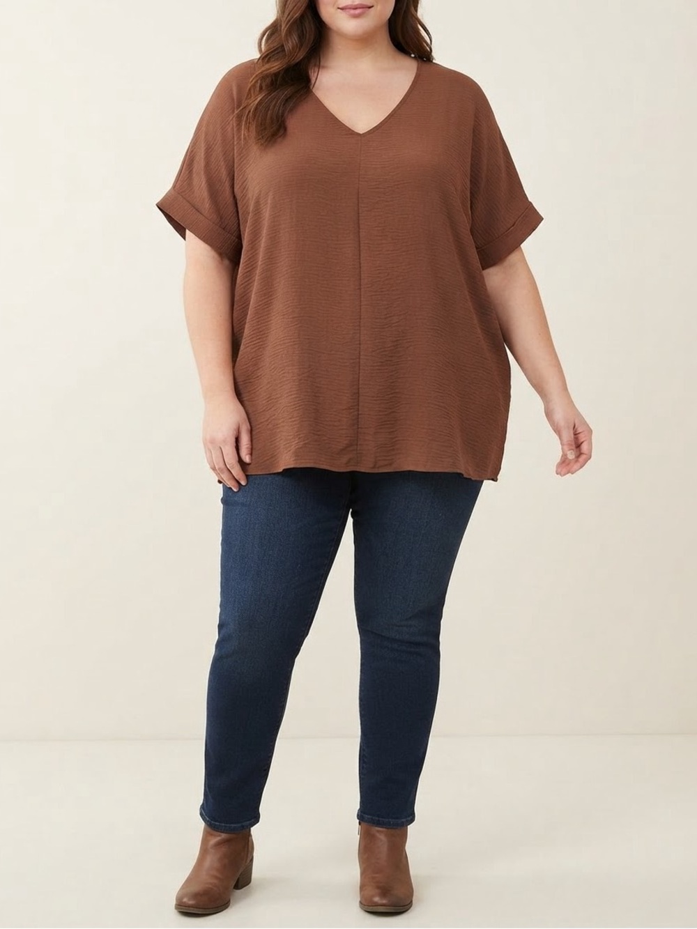 NWOT Zenana Brown Textured V-Neck Short Sleeve Top Plus Size 1X